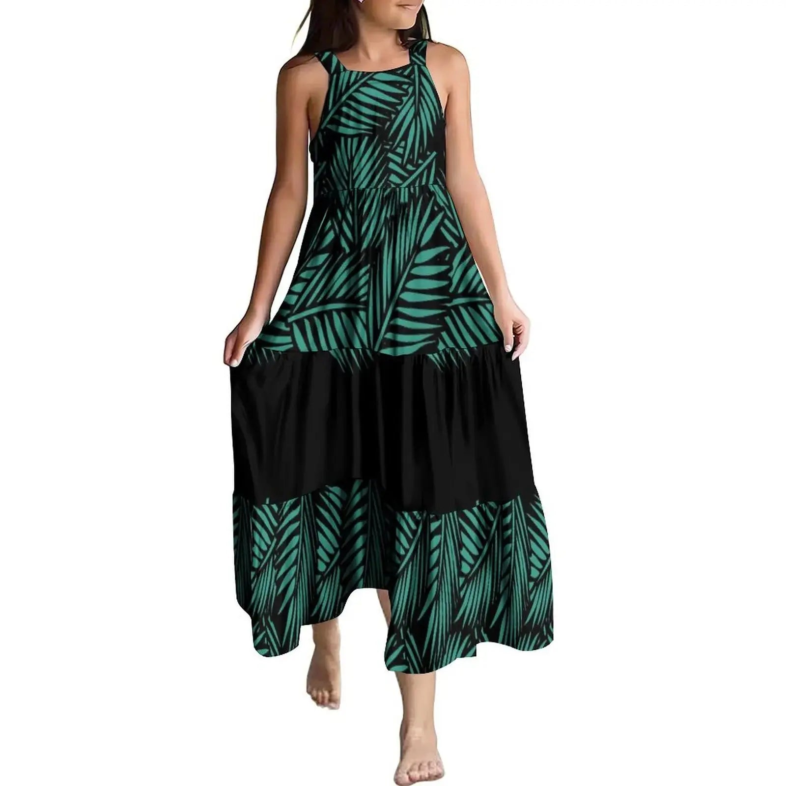 Hawaiian Style Tropical Floral Printing Sleeveless Sling Kids Dress Summer Beach Long Girls Dress OEM Custom Children Clothing Boutique Mélange Parfait