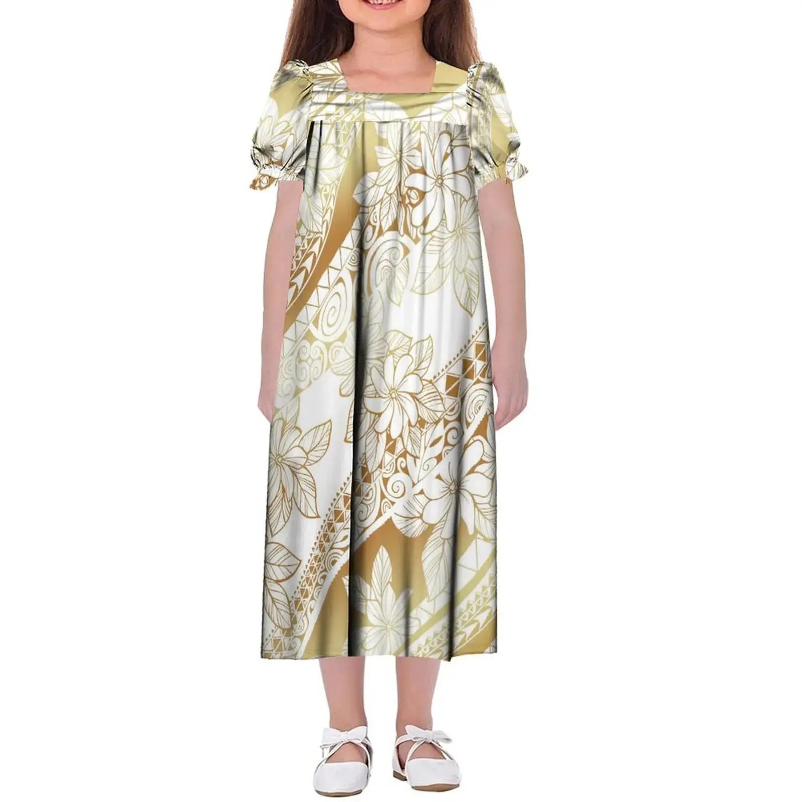 New Design Customized Polynesian Tribal Printed Girls Micronesian Mumu Children Clothing Kids Puff Sleeve Puffy Dress for Girls Boutique Mélange Parfait