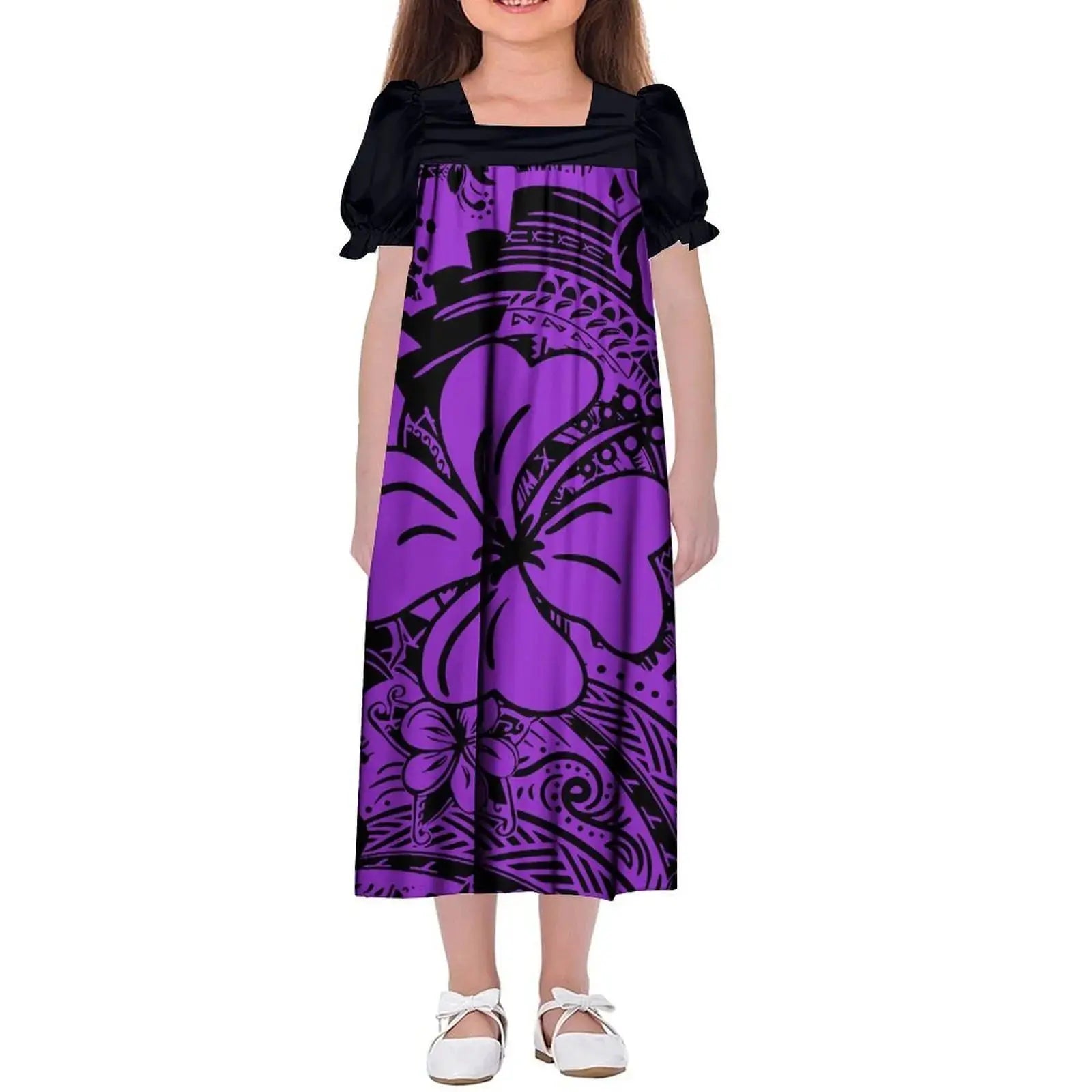 New Design Customized Polynesian Tribal Printed Girls Micronesian Mumu Children Clothing Kids Puff Sleeve Puffy Dress for Girls Boutique Mélange Parfait
