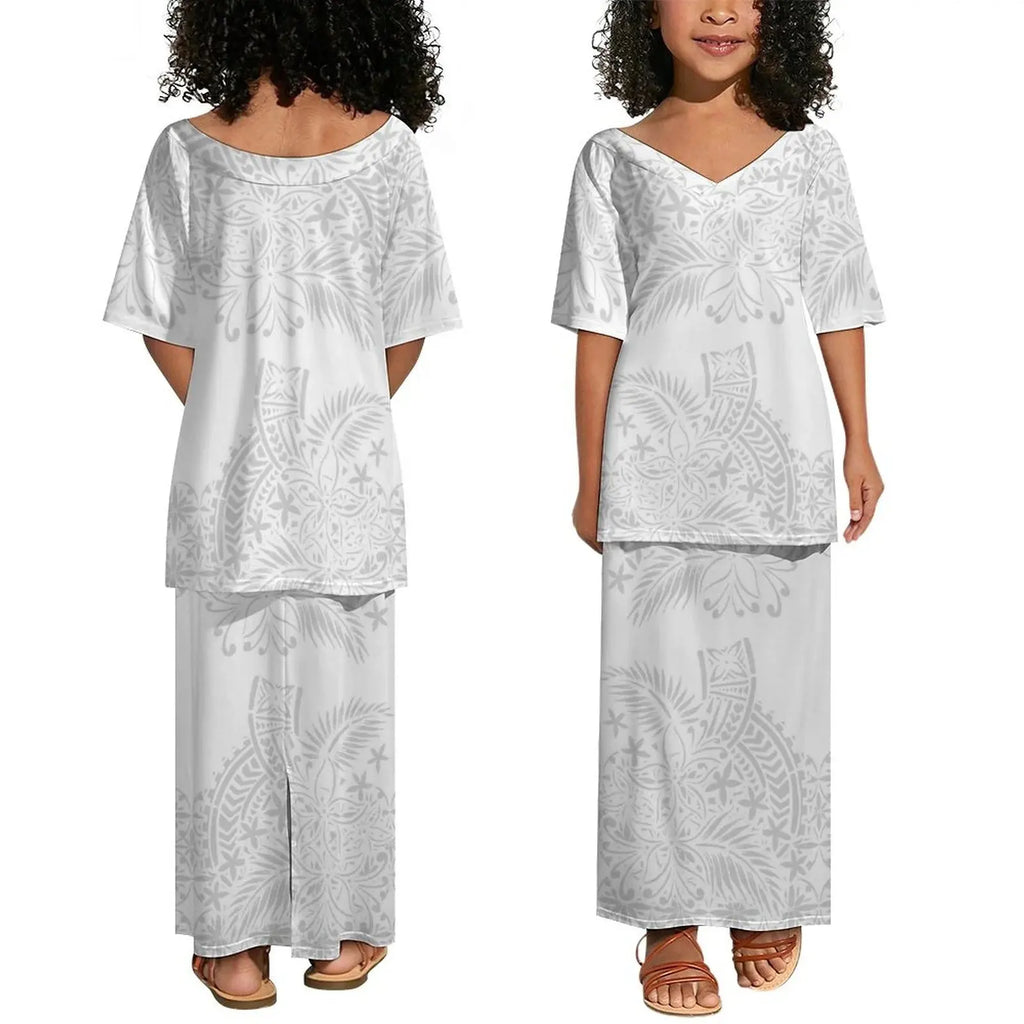 Wholesale Customized Polynesian Tribal Girls Dress Kids Clothes Printed Kids Floral Dresses Milk Silk Puletasi Children Clothing Boutique Mélange Parfait