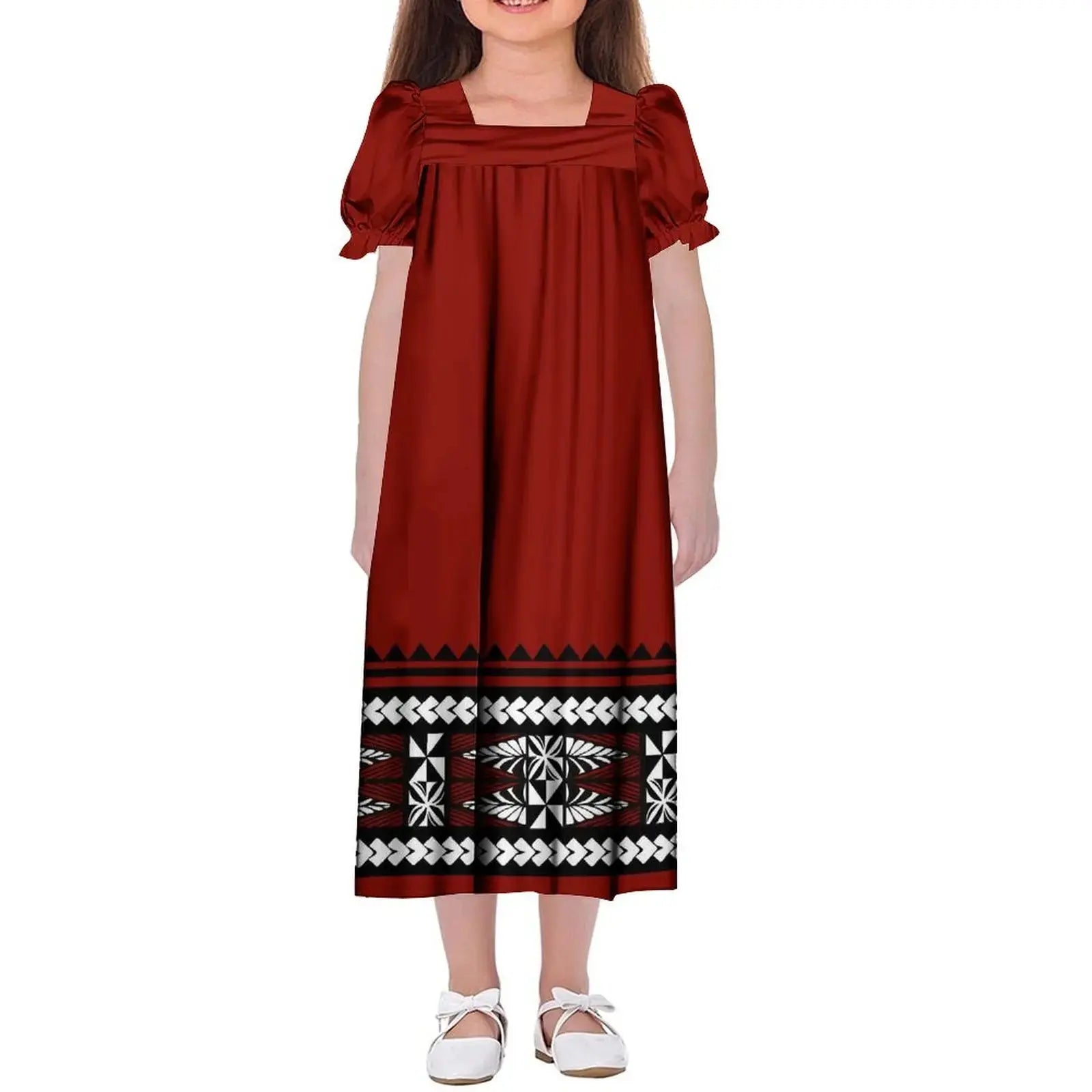 New Design Customized Polynesian Tribal Printed Girls Micronesian Mumu Children Clothing Kids Puff Sleeve Puffy Dress for Girls Boutique Mélange Parfait