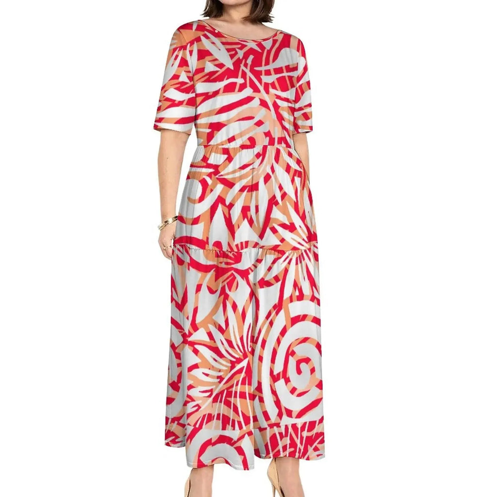 Island Clothing 2023 Short Sleeve Monstera Leaf Evening Dresses Polynesian Tribal Hawaiian Print Custom Samoan Dress Women Boutique Mélange Parfait