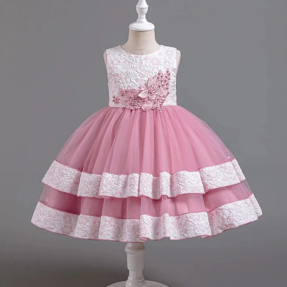 Puffy Dress for Girls Jacquard Pattern Tulle Patchwork Children Clothing 3D Appliques Casual Birthday Dresses Boutique Mélange Parfait