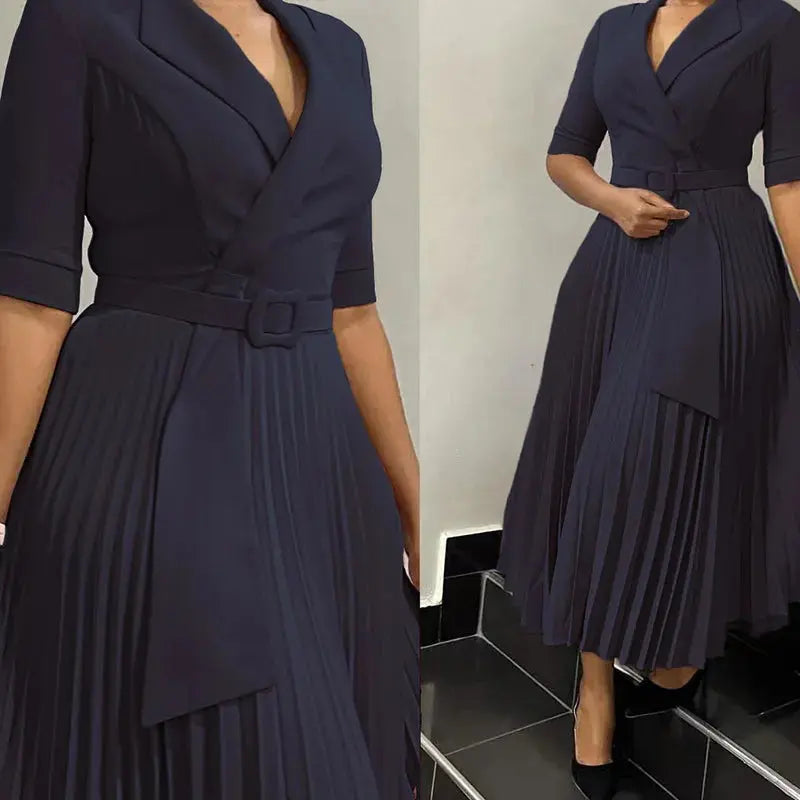 Women's Clothing Ladies Elegant Temperament Casual Dresses Fashion Suit Collar Pleated Waist Casual Office Plus Size Dress Boutique Mélange Parfait