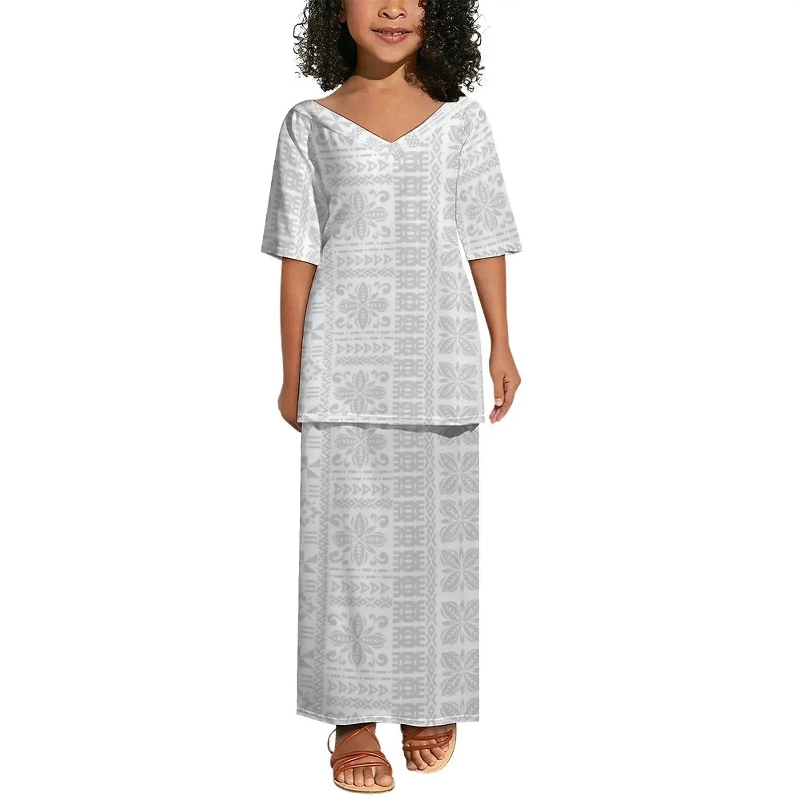 Wholesale Customized Polynesian Tribal Girls Dress Kids Clothes Printed Kids Floral Dresses Milk Silk Puletasi Children Clothing Boutique Mélange Parfait