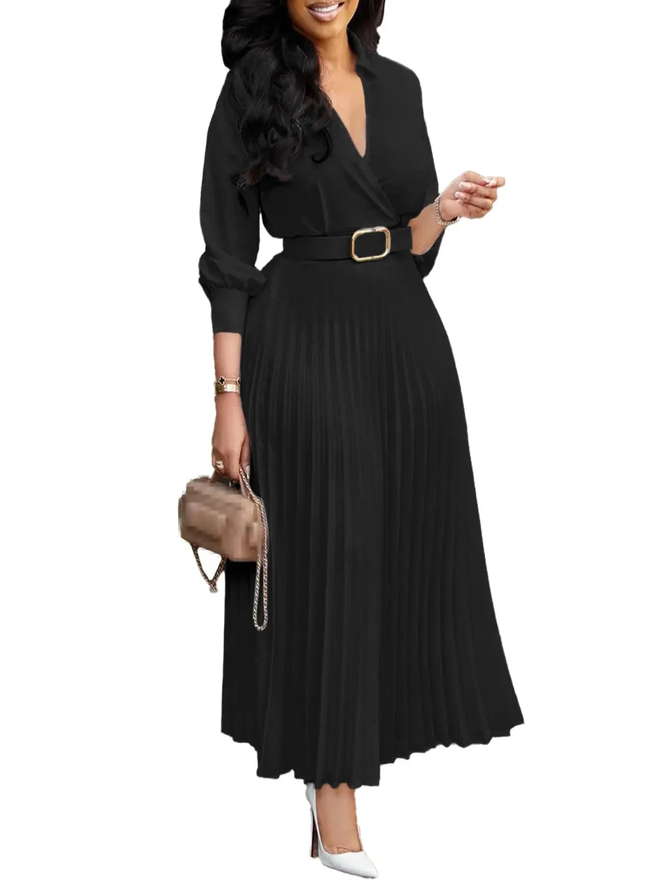 2026 Trendy Spring Dresses Women Lady Elegant Long Sleeve V-neck Pleated Office Dress Elegant Casual Dresses With Belt Boutique Mélange Parfait
