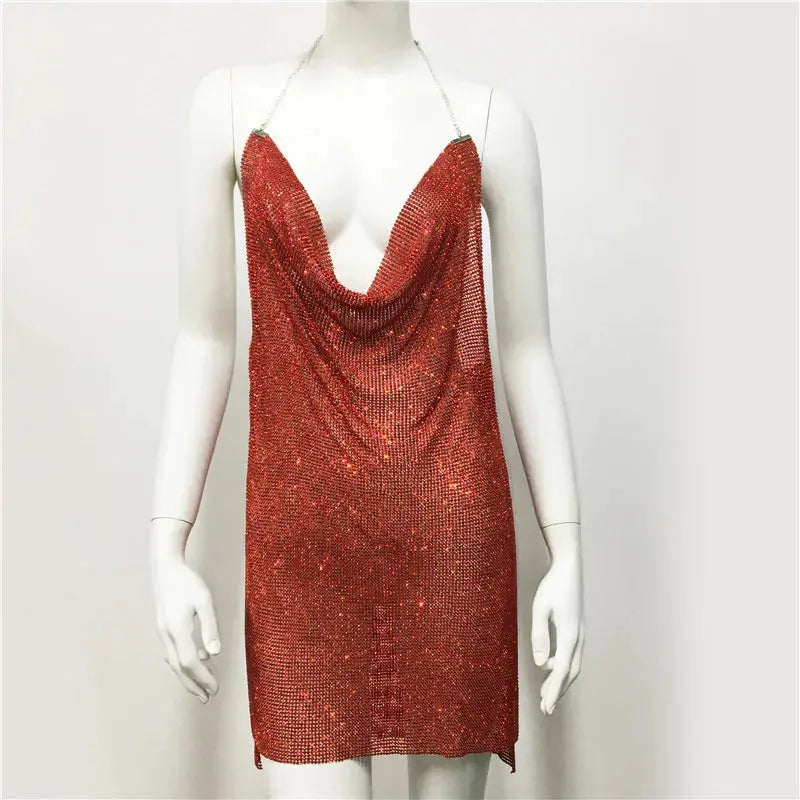 Women Gold Silver Black Backless Halter Drape Diamond Dresses Green Pink Rhinestone Chainmail Side Slit Mini Dress Boutique Mélange Parfait