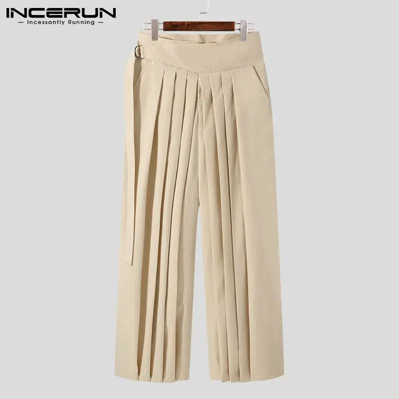 INCERUN-Pantalon Plissé Solide pour Homme, Poches à Lacets, Jambes Larges, FjMen Streetwear, Mode Décontractée, Pantalon S-5XL, 2024 Boutique Mélange Parfait