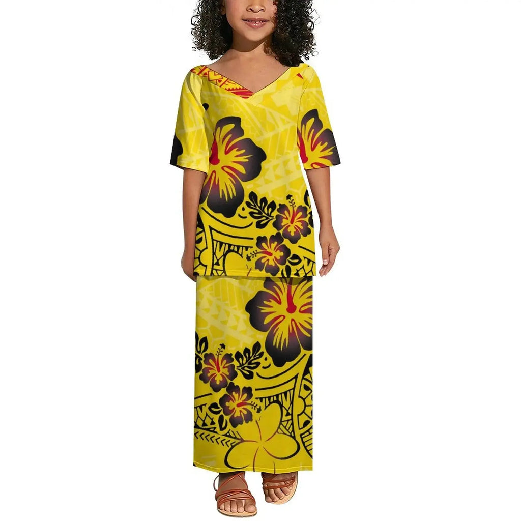 Wholesale Custom Baby Toddler Girls Dresses Polynesian Tribal Children Clothing Dresses Hawaii Puletasi Dress for Kids Girl Boutique Mélange Parfait