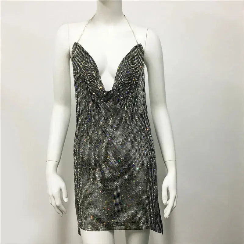 Women Gold Silver Black Backless Halter Drape Diamond Dresses Green Pink Rhinestone Chainmail Side Slit Mini Dress Boutique Mélange Parfait