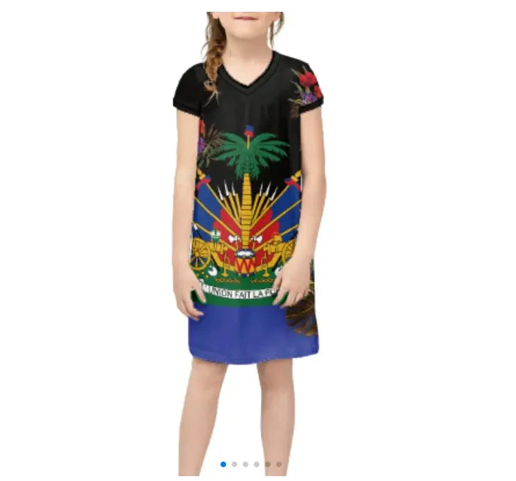 Promotional Custom Wholesale Breathable Luxury Haitian Dress Haiti Flag Kids Dresses for Girls Dresses 2-12 Children Clothing Boutique Mélange Parfait