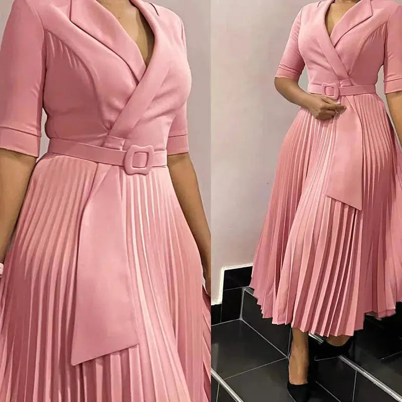 Women's Clothing Ladies Elegant Temperament Casual Dresses Fashion Suit Collar Pleated Waist Casual Office Plus Size Dress Boutique Mélange Parfait