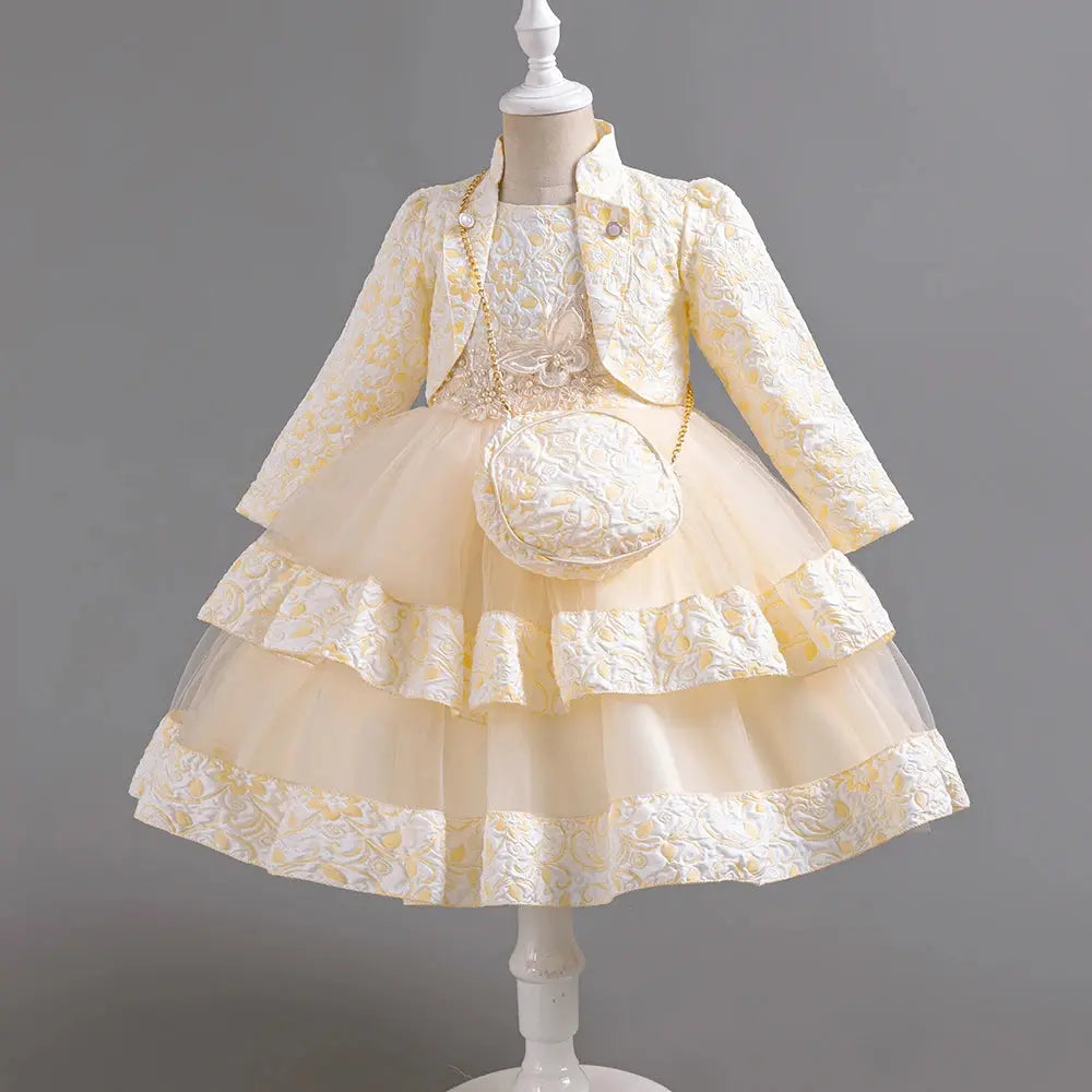 Puffy Dress for Girls Jacquard Pattern Tulle Patchwork Children Clothing 3D Appliques Casual Birthday Dresses Boutique Mélange Parfait