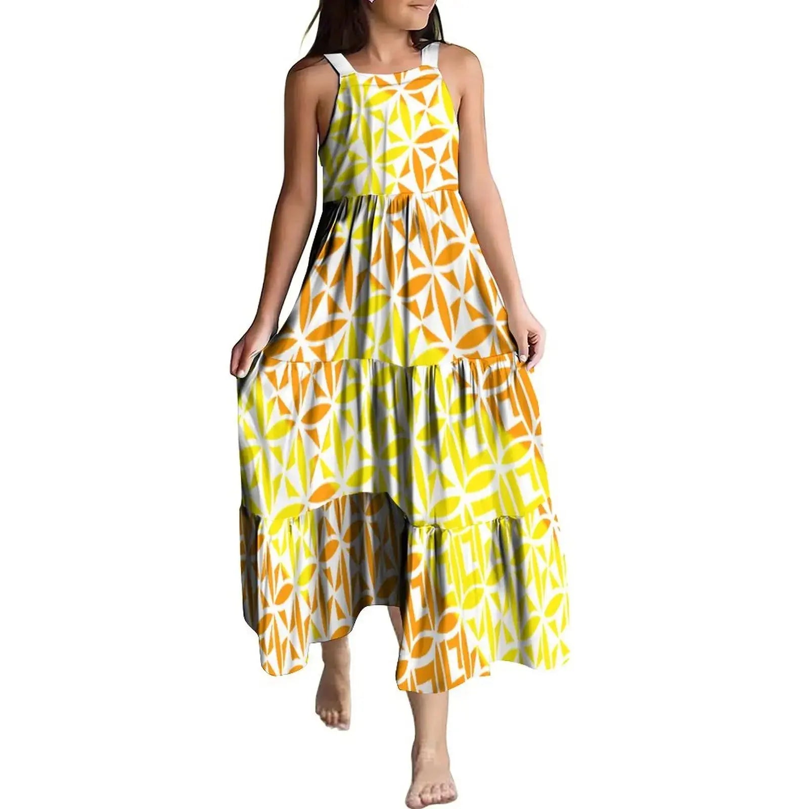 Hawaiian Style Tropical Floral Printing Sleeveless Sling Kids Dress Summer Beach Long Girls Dress OEM Custom Children Clothing Boutique Mélange Parfait