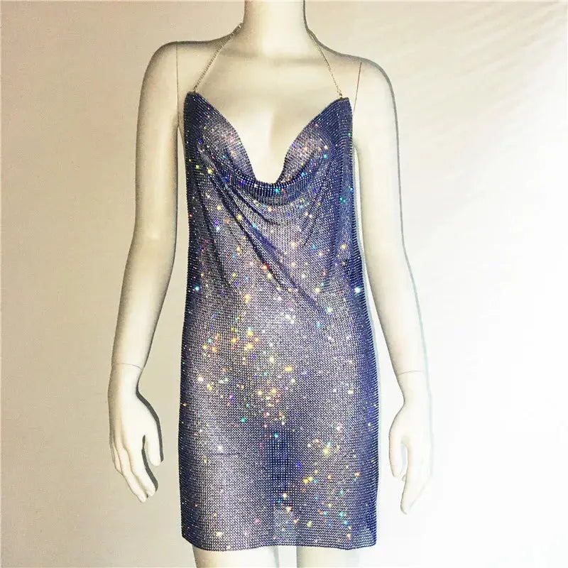 Women Gold Silver Black Backless Halter Drape Diamond Dresses Green Pink Rhinestone Chainmail Side Slit Mini Dress Boutique Mélange Parfait