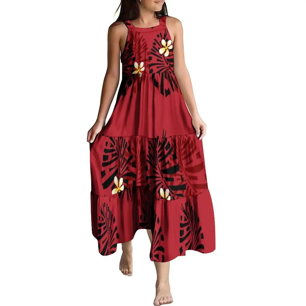 Hawaiian Style Tropical Floral Printing Sleeveless Sling Kids Dress Summer Beach Long Girls Dress OEM Custom Children Clothing Boutique Mélange Parfait
