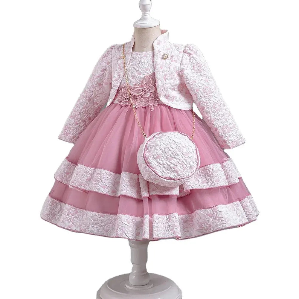 Puffy Dress for Girls Jacquard Pattern Tulle Patchwork Children Clothing 3D Appliques Casual Birthday Dresses Boutique Mélange Parfait