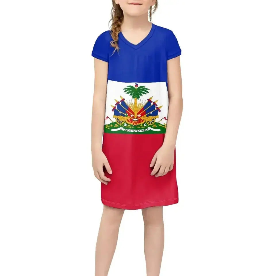 Promotional Custom Wholesale Breathable Luxury Haitian Dress Haiti Flag Kids Dresses for Girls Dresses 2-12 Children Clothing Boutique Mélange Parfait
