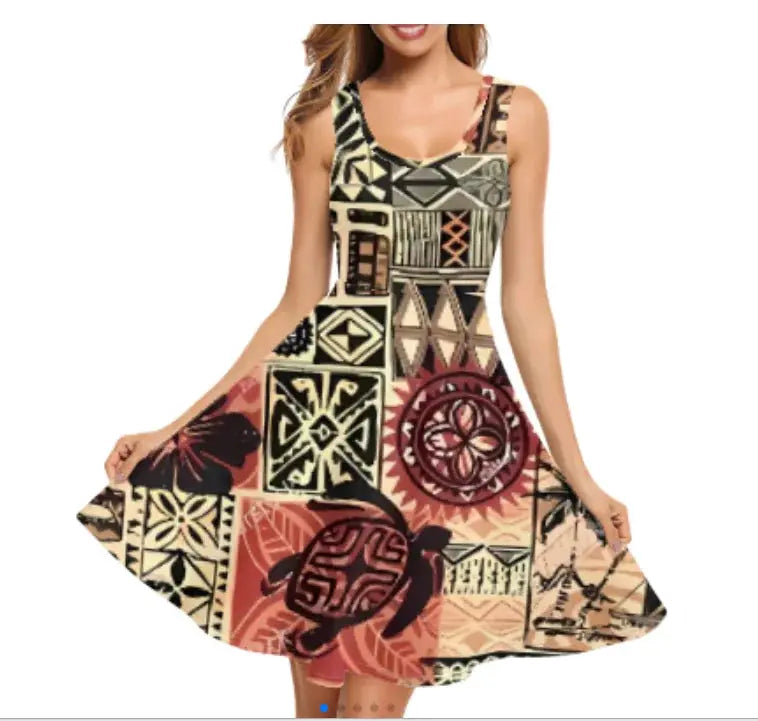 Print on Demand Wholesale Custom Blue Polynesian Pattern Women's Summer Spaghetti Strap Casual Swing Tank Beach Cover up Dress Boutique Mélange Parfait