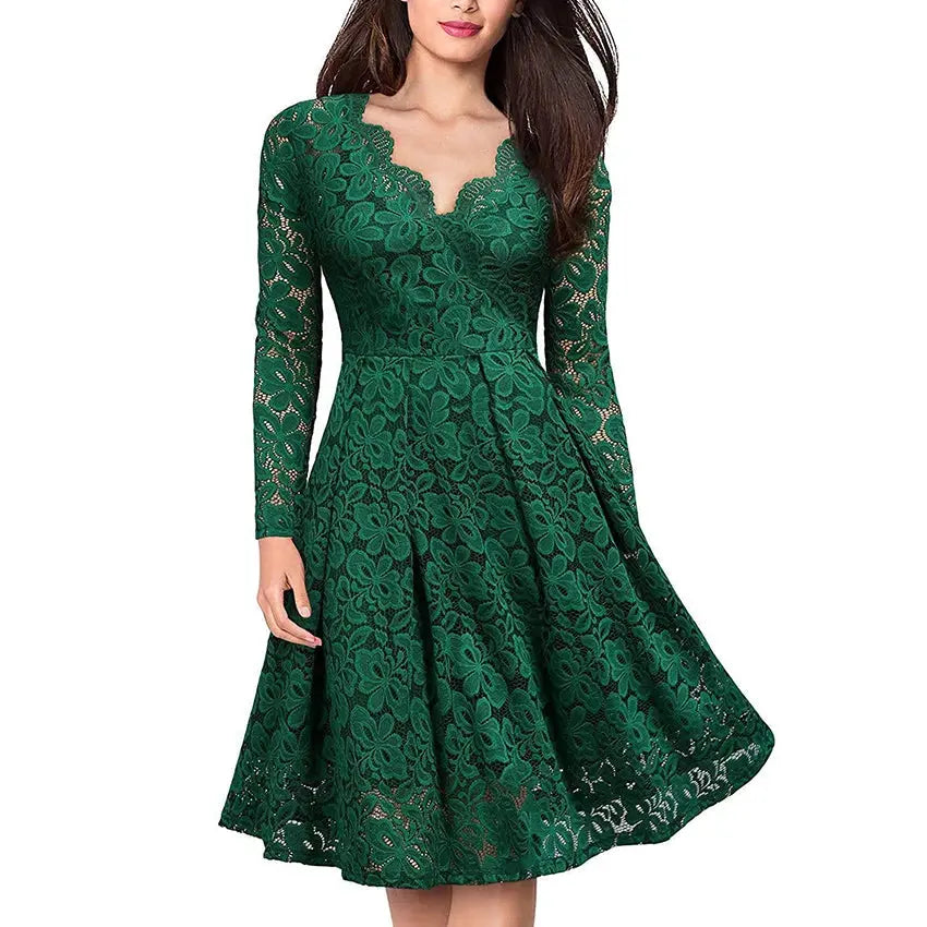 Spring Europe Women V-neck Lace Floral Elegant Casual Dress Lining Long Sleeve Fashion Lady Women Irregular A-line Party Dress Boutique Mélange Parfait