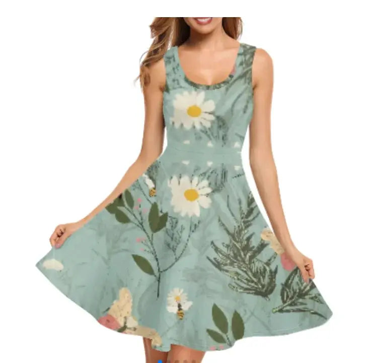 Print on Demand Wholesale Custom Blue Polynesian Pattern Women's Summer Spaghetti Strap Casual Swing Tank Beach Cover up Dress Boutique Mélange Parfait