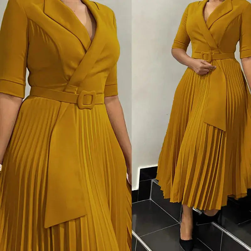 Women's Clothing Ladies Elegant Temperament Casual Dresses Fashion Suit Collar Pleated Waist Casual Office Plus Size Dress Boutique Mélange Parfait