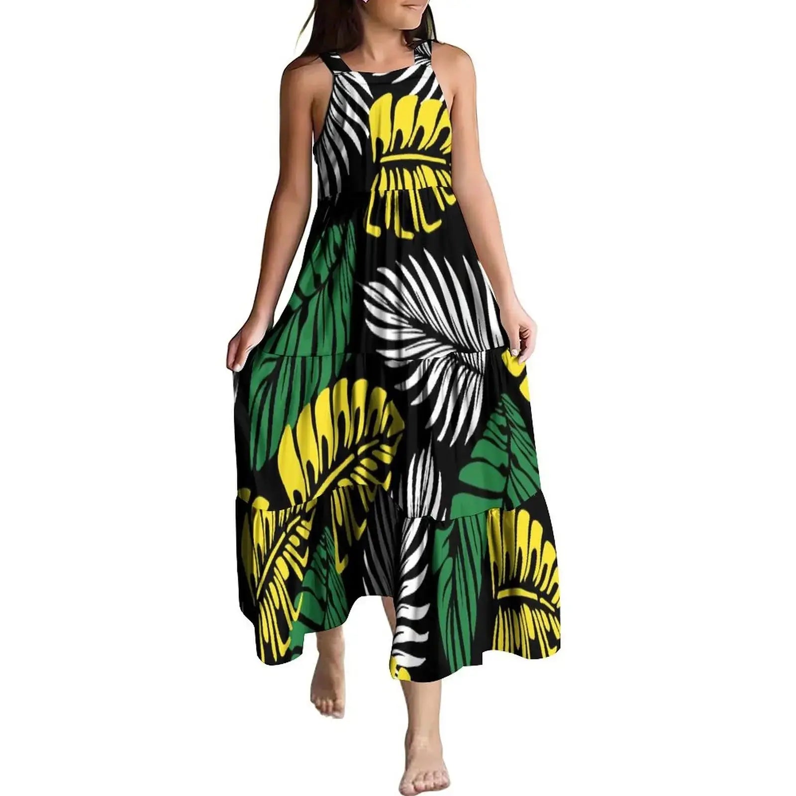 Hawaiian Style Tropical Floral Printing Sleeveless Sling Kids Dress Summer Beach Long Girls Dress OEM Custom Children Clothing Boutique Mélange Parfait