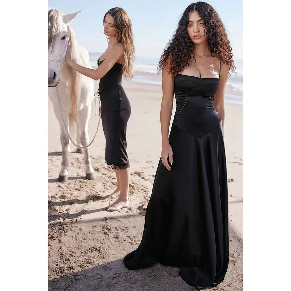 Satin Slip Sleeveless Backless Maxi Dress Women 2024 Summer Bodycon Elegant Sexy Outfits Lady Birthday Party Club Sundress 2772 Boutique Mélange Parfait