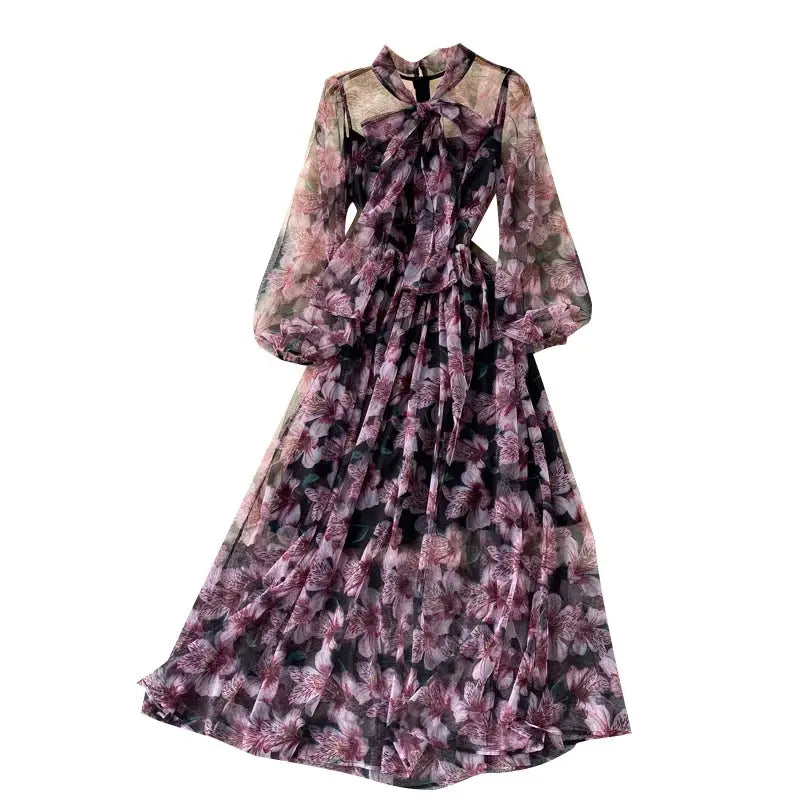 Long Sleeve O-Neck Print A-Line Dress Autumn Simple Chiffon High Waist Maxi Dress Ladies Casual Dress Clothes Women Wholesale Boutique Mélange Parfait