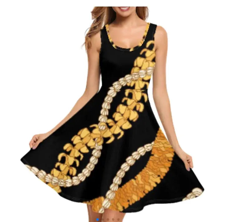 Print on Demand Wholesale Custom Blue Polynesian Pattern Women's Summer Spaghetti Strap Casual Swing Tank Beach Cover up Dress Boutique Mélange Parfait