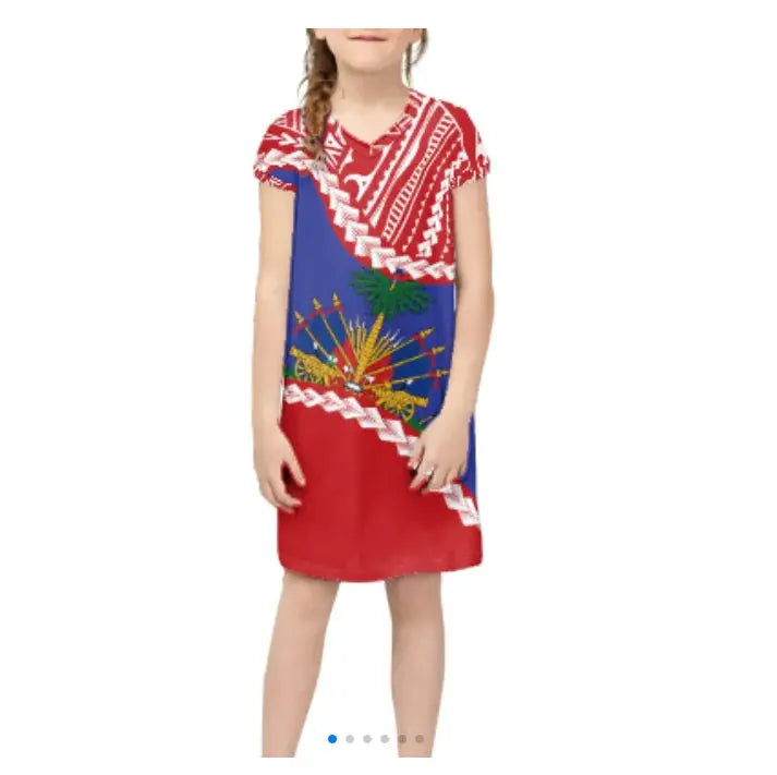 Promotional Custom Wholesale Breathable Luxury Haitian Dress Haiti Flag Kids Dresses for Girls Dresses 2-12 Children Clothing Boutique Mélange Parfait