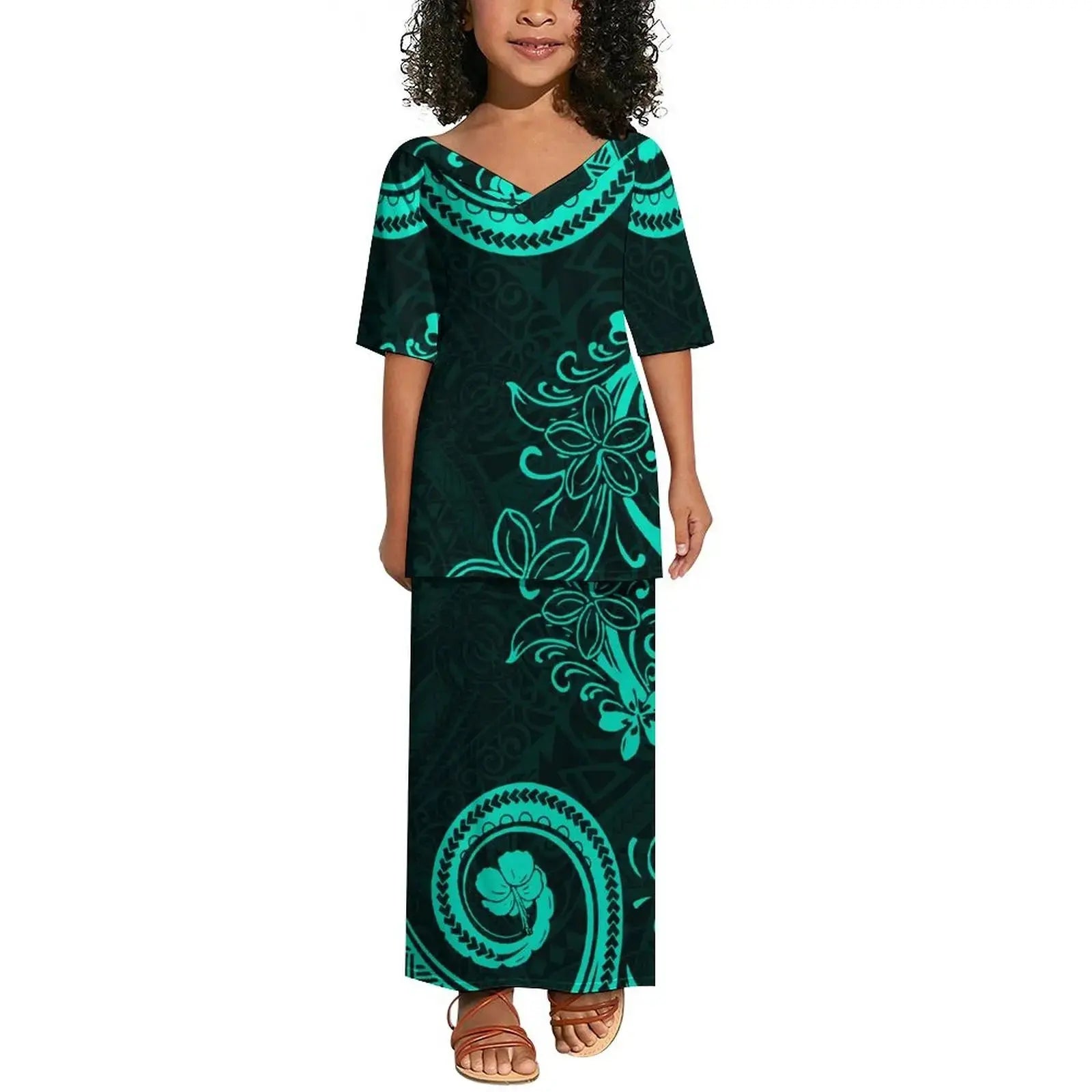 Wholesale Custom Baby Toddler Girls Dresses Polynesian Tribal Children Clothing Dresses Hawaii Puletasi Dress for Kids Girl Boutique Mélange Parfait