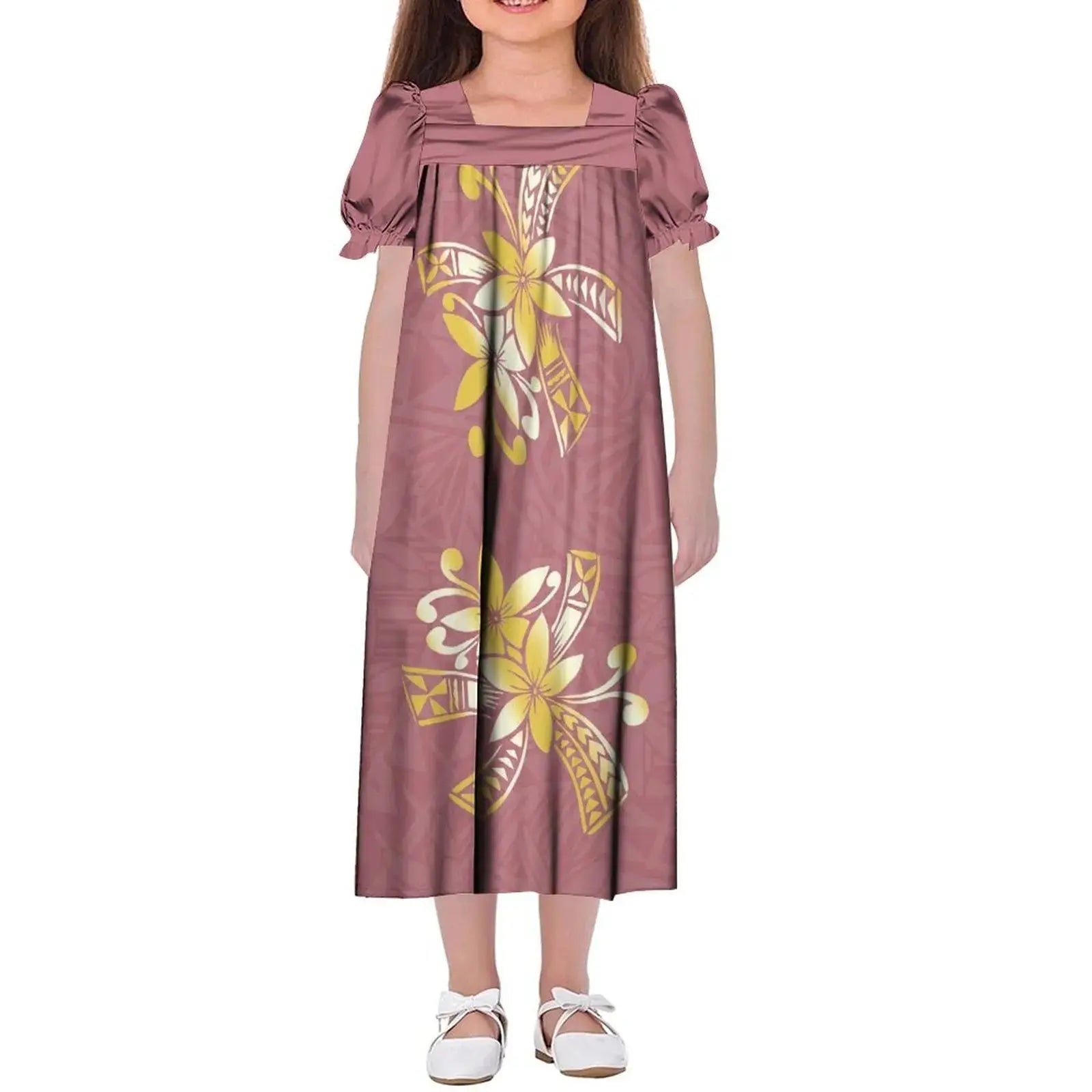 New Design Customized Polynesian Tribal Printed Girls Micronesian Mumu Children Clothing Kids Puff Sleeve Puffy Dress for Girls Boutique Mélange Parfait