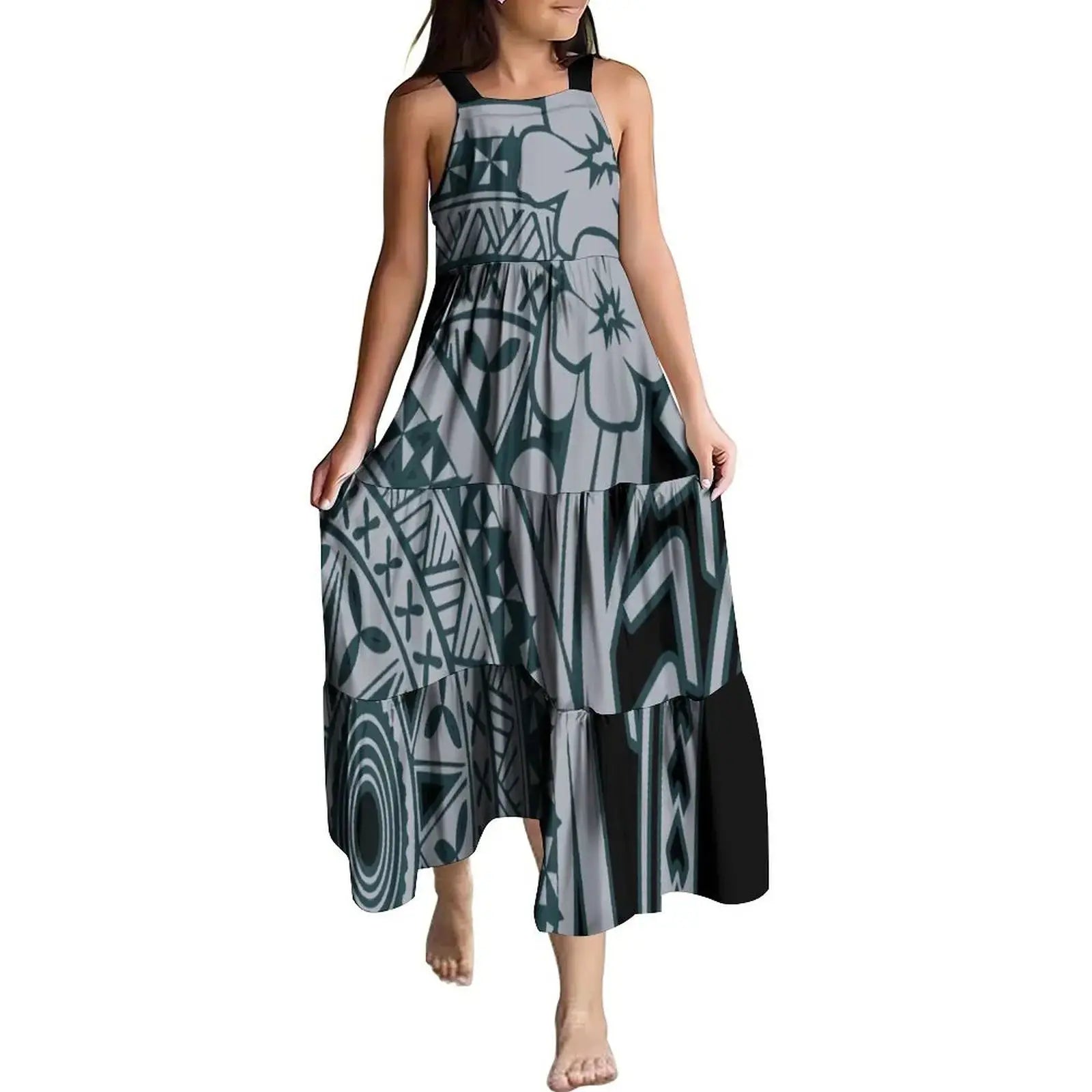 Hawaiian Style Tropical Floral Printing Sleeveless Sling Kids Dress Summer Beach Long Girls Dress OEM Custom Children Clothing Boutique Mélange Parfait