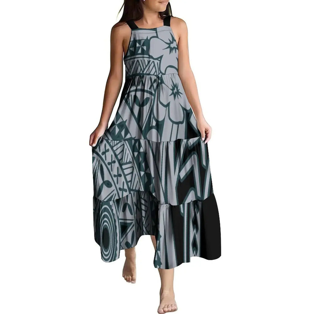 Hawaiian Style Tropical Floral Printing Sleeveless Sling Kids Dress Summer Beach Long Girls Dress OEM Custom Children Clothing Boutique Mélange Parfait