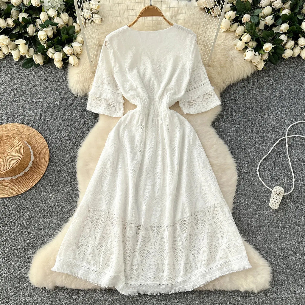 Roman V-Neck Tunic Slim Casual Midi Dress for Women Empire Hollow Out Lace Dress White Boutique Mélange Parfait