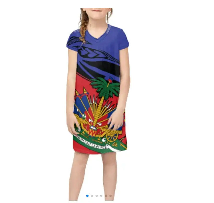 Promotional Custom Wholesale Breathable Luxury Haitian Dress Haiti Flag Kids Dresses for Girls Dresses 2-12 Children Clothing Boutique Mélange Parfait
