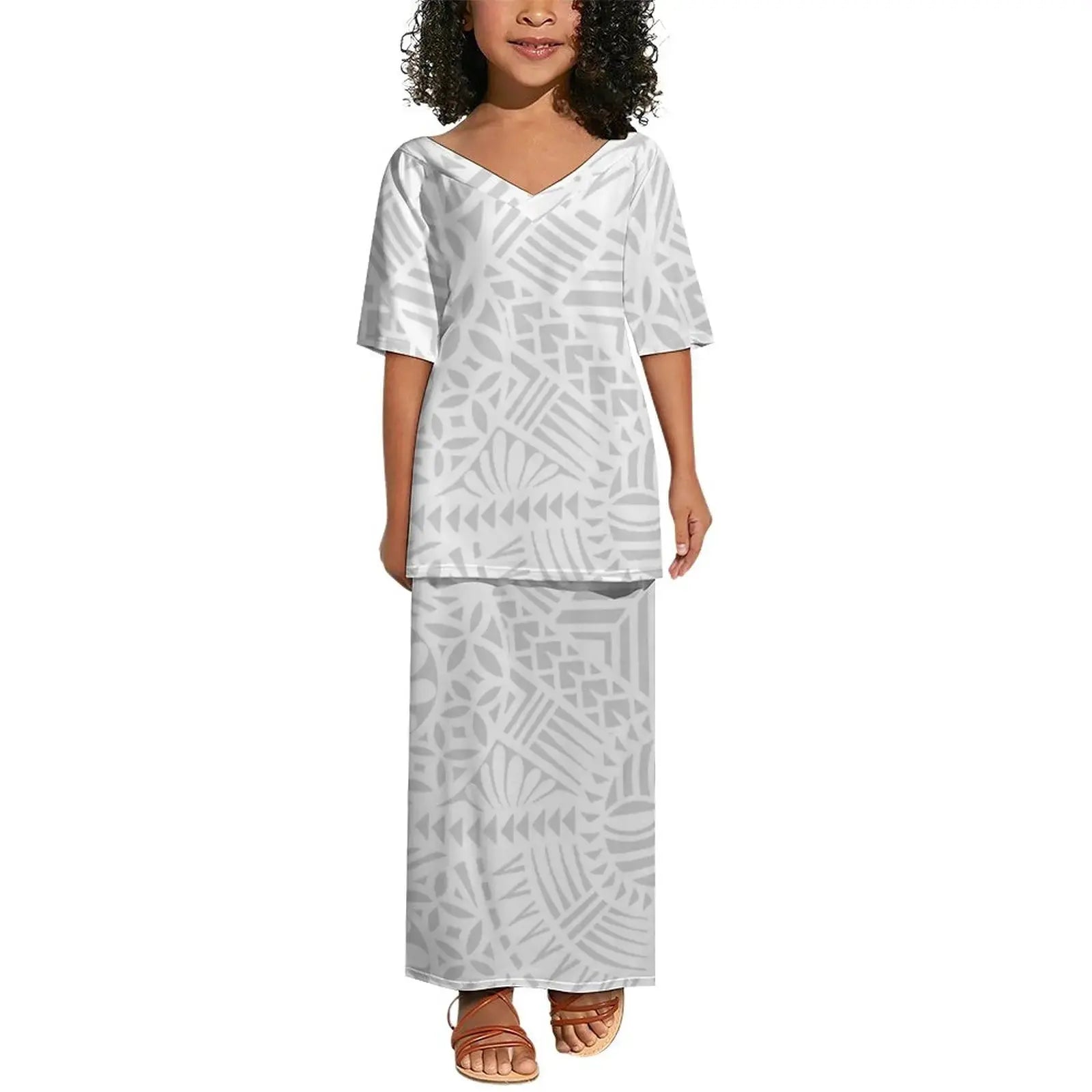 Wholesale Customized Polynesian Tribal Girls Dress Kids Clothes Printed Kids Floral Dresses Milk Silk Puletasi Children Clothing Boutique Mélange Parfait