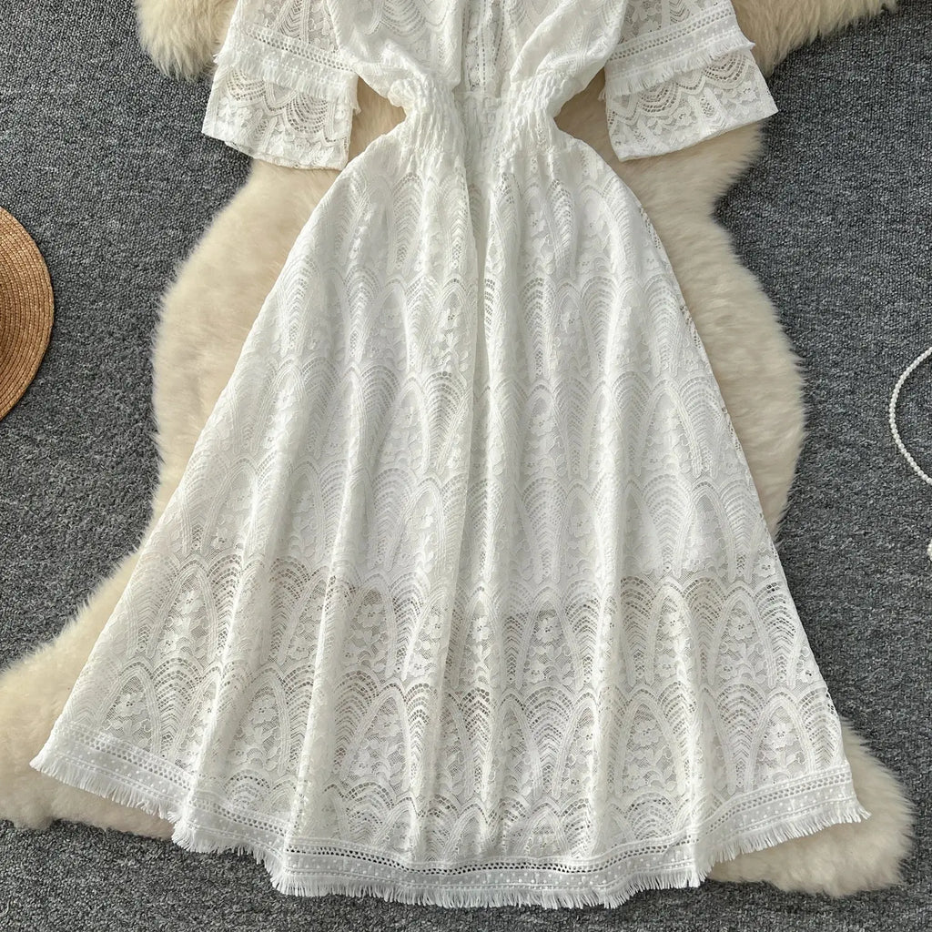 Roman V-Neck Tunic Slim Casual Midi Dress for Women Empire Hollow Out Lace Dress White Boutique Mélange Parfait