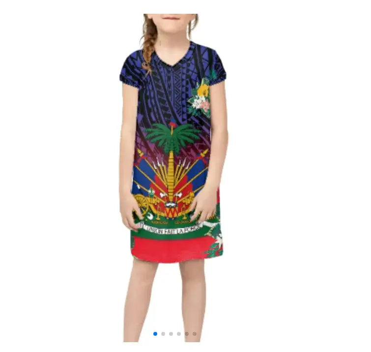 Promotional Custom Wholesale Breathable Luxury Haitian Dress Haiti Flag Kids Dresses for Girls Dresses 2-12 Children Clothing Boutique Mélange Parfait