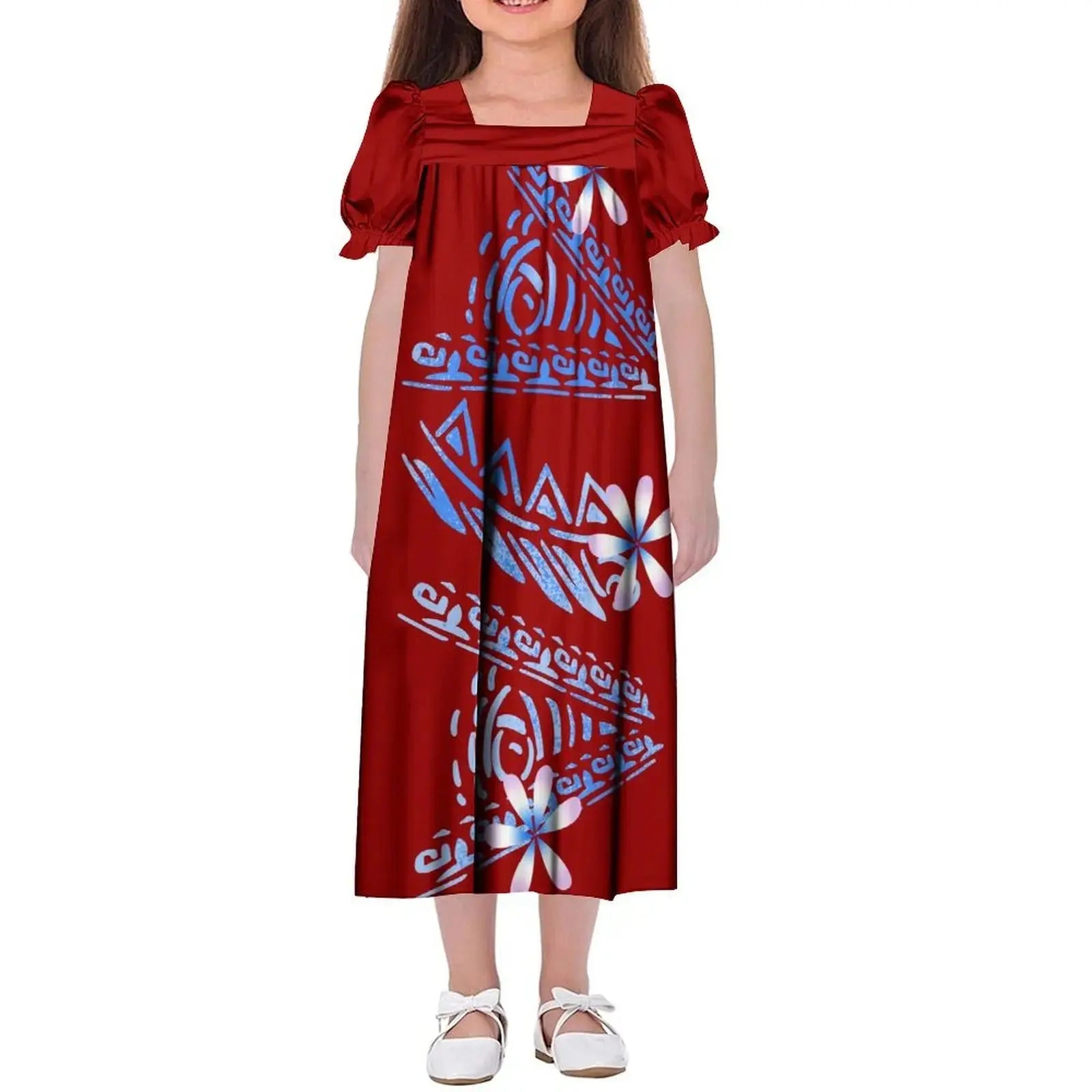 New Design Customized Polynesian Tribal Printed Girls Micronesian Mumu Children Clothing Kids Puff Sleeve Puffy Dress for Girls Boutique Mélange Parfait