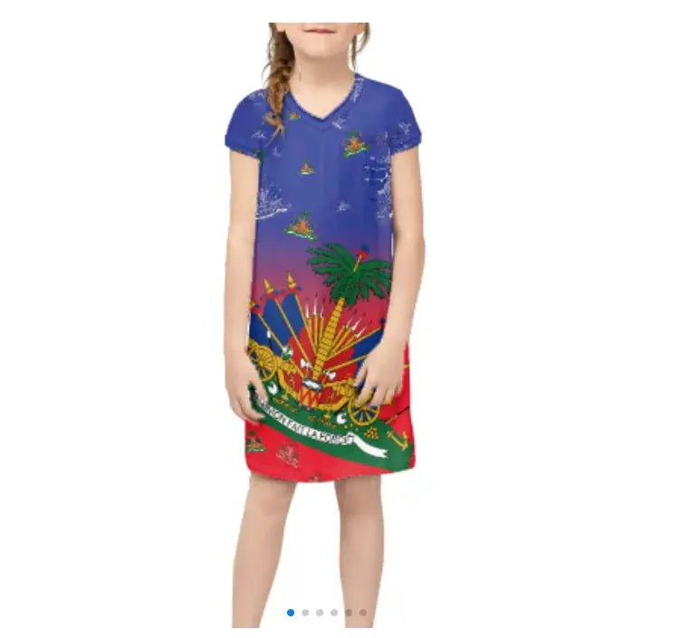 Promotional Custom Wholesale Breathable Luxury Haitian Dress Haiti Flag Kids Dresses for Girls Dresses 2-12 Children Clothing Boutique Mélange Parfait