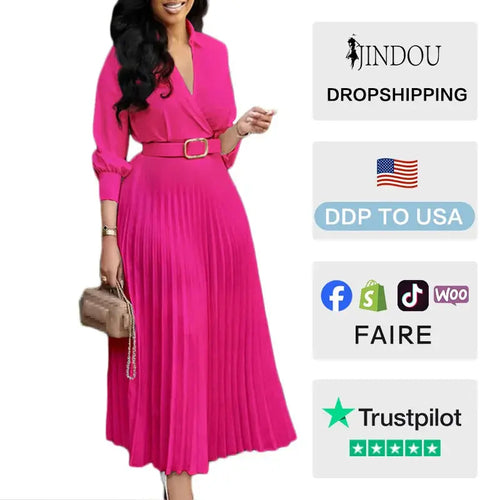 2026 Trendy Spring Dresses Women Lady Elegant Long Sleeve V-neck Pleated Office Dress Elegant Casual Dresses With Belt Boutique Mélange Parfait