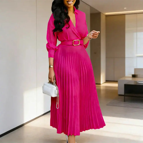 2026 Trendy Spring Dresses Women Lady Elegant Long Sleeve V-neck Pleated Office Dress Elegant Casual Dresses With Belt Boutique Mélange Parfait