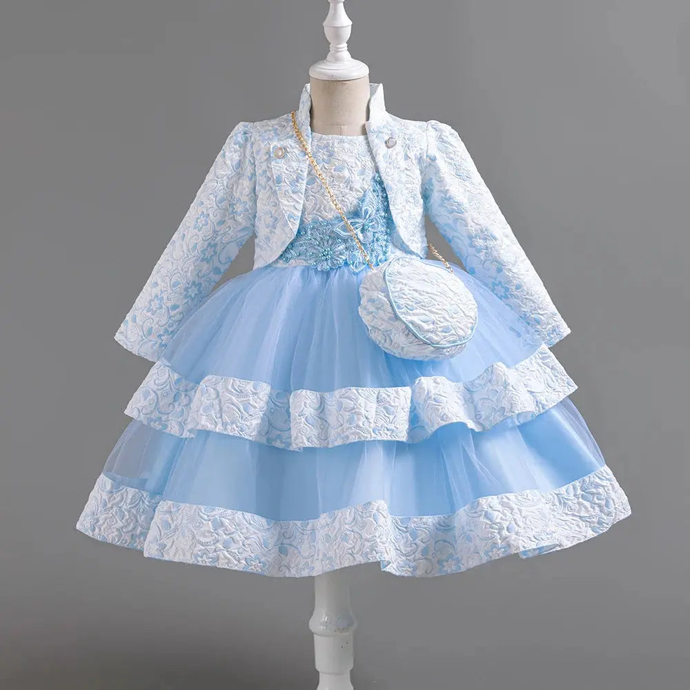 Puffy Dress for Girls Jacquard Pattern Tulle Patchwork Children Clothing 3D Appliques Casual Birthday Dresses Boutique Mélange Parfait