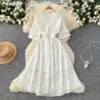 Roman V-Neck Tunic Slim Casual Midi Dress for Women Empire Hollow Out Lace Dress White Boutique Mélange Parfait
