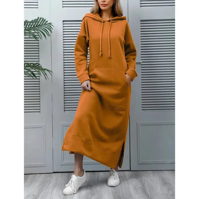 Robe longue à capuche pour femmes, mode 2021, ourlet à lacets, mi-longue, automne hiver, chaud, décontracté, ample, sweat-shirt Boutique Mélange Parfait