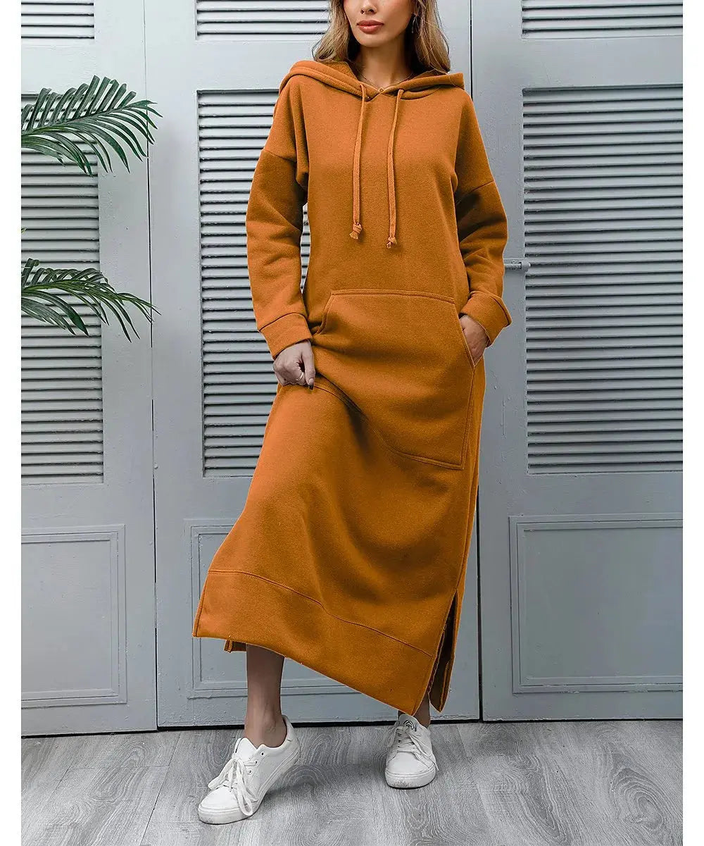 Robe longue à capuche pour femmes, mode 2021, ourlet à lacets, mi-longue, automne hiver, chaud, décontracté, ample, sweat-shirt Boutique Mélange Parfait