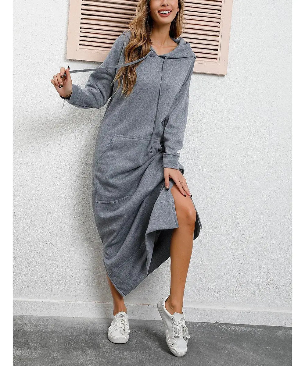 Robe longue à capuche pour femmes, mode 2021, ourlet à lacets, mi-longue, automne hiver, chaud, décontracté, ample, sweat-shirt Boutique Mélange Parfait