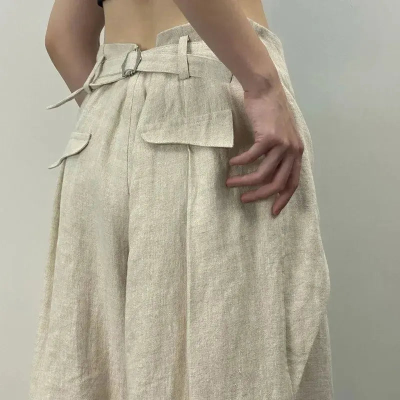 Chic mode femmes décontracté plissé jambe large pantalon lin Texture tout Match ample taille haute pantalon Mujer pantalons Boutique Mélange Parfait